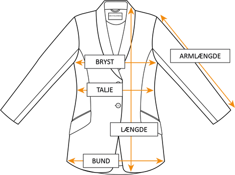 Dea Kudibal måleguide med bryst, talje, bund, længde og armlængde